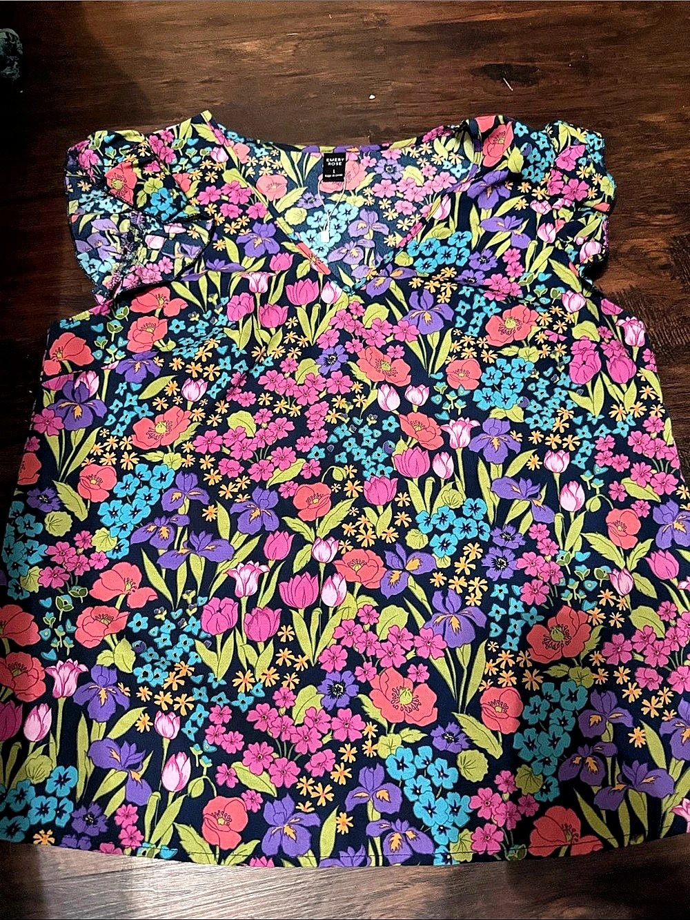 Emery Rose Floral Blouse in Black & Pink Size Large